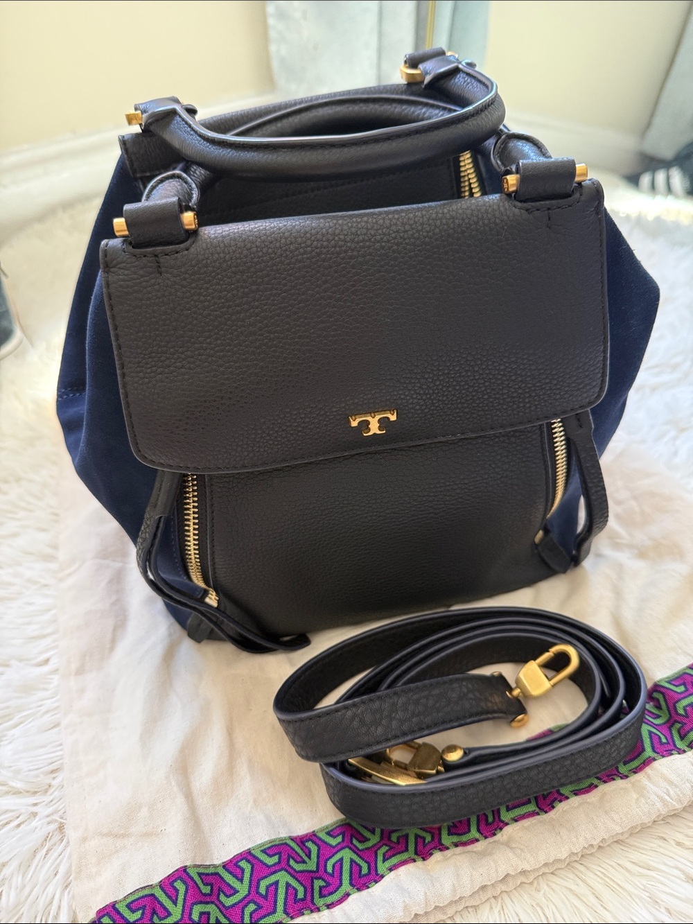 Tory Burch Black Leather and Navy Canvas Convertible Backpack Authentic
